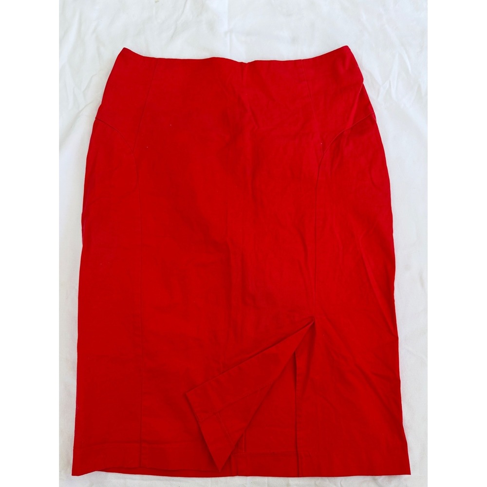 New York & Company Red Stretch Cotton Pencil Skirt Size 10 Midi Front Slit‎